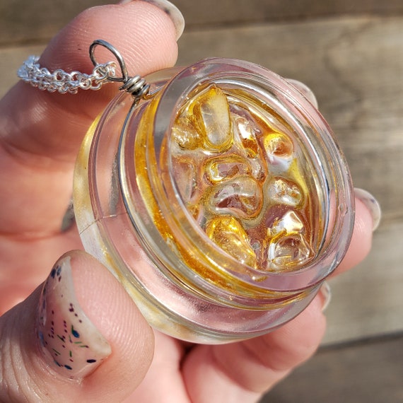 Diamond Dab Necklace & Chain: Golden Yellow Jar of Faux Caviar Wax Diamonds  Sauce Concentrates Real Gemstone Pendant Resin Gold Silver 