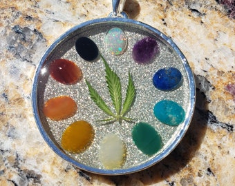 Weed Leaf Necklace: Rainbow of Gemstones Resin Pot Leaf Opal Amethyst Lapis Turquoise Jade Moonstone Topaz Carnelian Agate Obsidian 38 mm