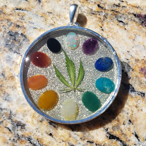 Weed Leaf Necklace: Rainbow of Gemstones Resin Pot Leaf Opal Amethyst Lapis Turquoise Jade Moonstone Topaz Carnelian Agate Obsidian 38 mm