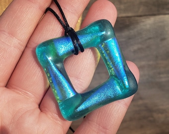 Fused Glass Square Necklace: Large Blue Teal Lavender Color Changing Dichroic Glass Textured 3D Hollow Square Pendant Black Satin Cord Mens