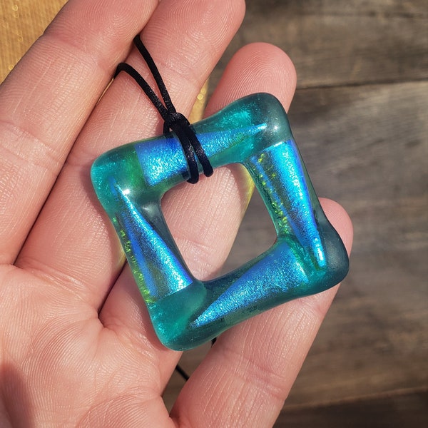 Fused Glass Square Necklace: Large Blue Teal Lavender Color Changing Dichroic Glass Textured 3D Hollow Square Pendant Black Satin Cord Mens