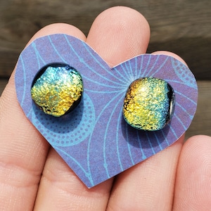 Glass Stud Earrings: Rainbow Sunrise Iridescent Colored Glittering Dichroic Glass Ear Studs Handmade in USA Round Large Black Base 9