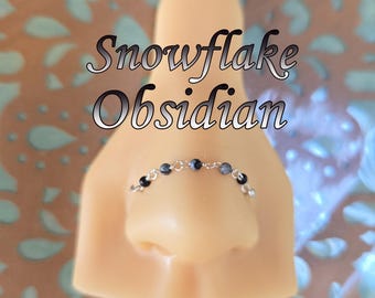 Snowflake Obsidian Nose Chain: Black & White Volcanic Glass Round Beads Double Nostril Piercing Pierced Bridge Silver 14k Rose White Gold
