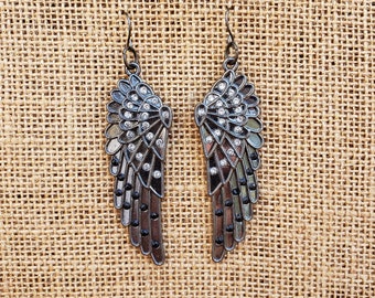 Dark Angel Wings Earrings: Dark Silver Angel Demons Wings with White & Charcoal Black Rhinestones Devil Wings Dark WingsHalloween Decoration