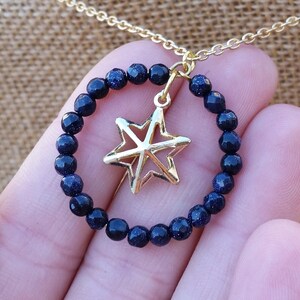 Celestial Blue Goldstone Necklace from Matching Set: Beaded Hoop Golden Star Charm Necklace HoMatched Hoop Earrings in Gold or Silver Finish