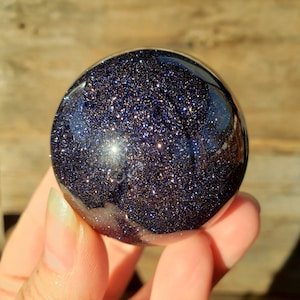 Blue Goldstone Sphere: Sparkling Dark Blue Opaque Goldstone with Silver & Gold Flecks Mineral Crystal Stone Tumbled Carved Smooth Galaxy