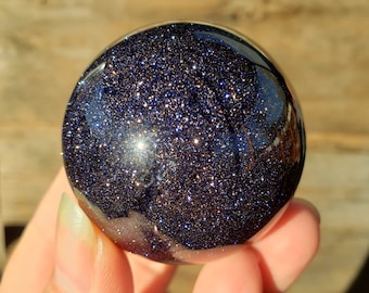 Blue Goldstone Sphere: Sparkling Dark Blue Opaque Goldstone with Silver & Gold Flecks Mineral Crystal Stone Tumbled Carved Smooth Galaxy