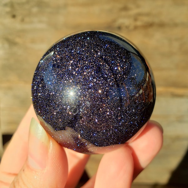 Blue Goldstone Sphere: Sparkling Dark Blue Opaque Goldstone with Silver & Gold Flecks Mineral Crystal Stone Tumbled Carved Smooth Galaxy
