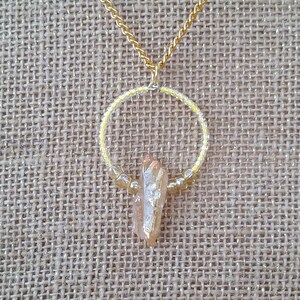 Aura Quartz Crystal Hoop Necklace: Pendant Sunrise Colored Aura Crystal Points and Orange Beads on Gold Filled Chain