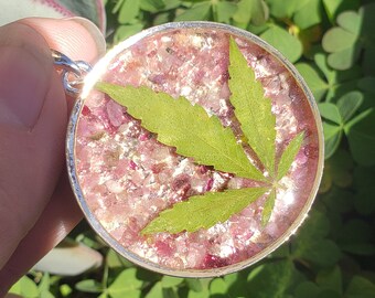 Pink Tourmaline Weed Leaf Necklace: Resin Real Cannabis Pot Marijuana Leaf & Genuine Pink Tourmaline Gemstone Pendant 38 mm Silver Plated