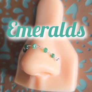 Nose Piercing Chain: Colombian Emeralds Green Gemstone Beaded Over the Nose Bridge Double Pierced Hand-Built Sterling Silver Rose 14k Gold