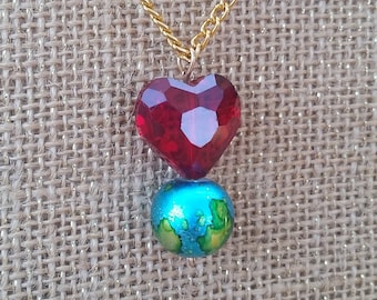Earth Day Necklace: Love The Earth Heart Ruby Red Glass Faceted Heart & Painted Pearlescent Planet Earth Bead Gold Silver Climate Awareness