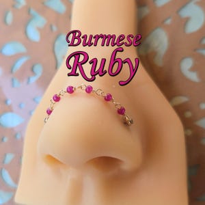 Ruby Nose Chain: Burmese Red Pink Fine Luxury Gemstone Beaded Double Pierced Nostril Bridge Piercing Sterling Silver 14k Rose White Gold