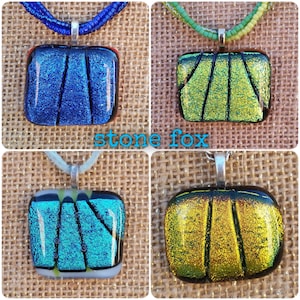 Iridescent Glass Necklace: 4 Choices Dichroic Glass Abstract Fan Design Color Changing Pendant Handmade in Royal Blue, Green, Gold, or Teal