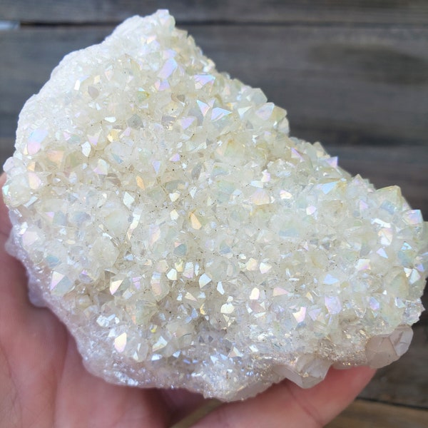 Angel Aura Quartz: Extra Large White Pastel Rainbow Crystal 410 Gram White Titanium Coated Quartz Sparkling Druzy Healing Alter Crystal 4