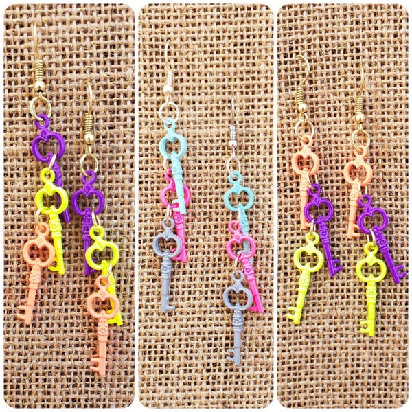 Key Earrings: Dangling Skeleton Key Chandelier Style Bright Colors in Neon Orange Yellow Purple or Teal Turquoise Hot Pink Grey Gold Silver