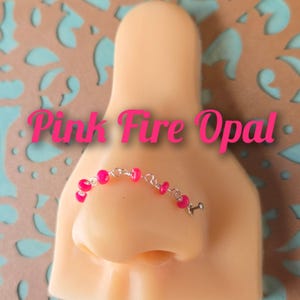 Opal Nose Bridge Chain: Bright Neon Pink UV Reactive Ethiopian Fire Opal Dyed Piercing Hand-Built To Order Beaded 14k Gold Silver