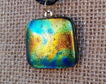 Rainbow Glass Necklace: Medium Square Color Changing Dichroic Glass Handmade Pendant on Black Seed Bead String 22 Inches Long