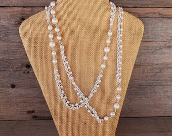 Pearl Necklace: Extra Long Vintage 90s Upcycled Bright White Faux Glass Pearls Silver Plated Scalloped Double Twisted Cable Chain 1990s