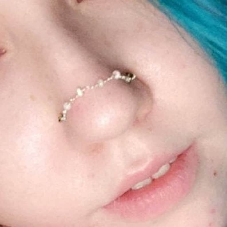 Over the Nose Bridge Piercing Chain Hand-Built Beaded Opal Lapis Any Size Made to Order CUSTOM Bronze Beaded Nose Piercing Chain