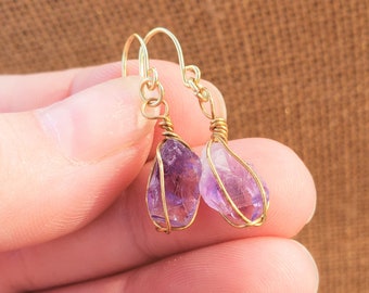 Raw Amethyst Earrings: Minimalist Style Rough Crystals Gemstone Wire Wrapped Purple Clear and White Real Amethyst Gems in Gold Plated Wire