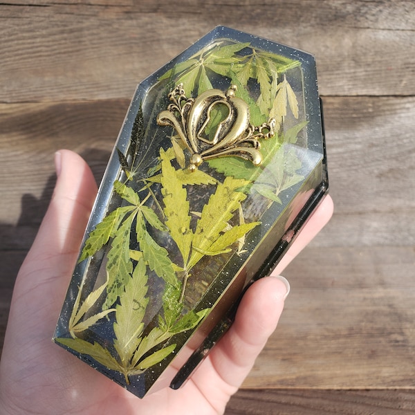 Coffin Box: Real Cannabis Encased in Resin Weed Leaves Flowers Marijuana Ganja Stash Box Spooky Cute Stoner Jewelry Box