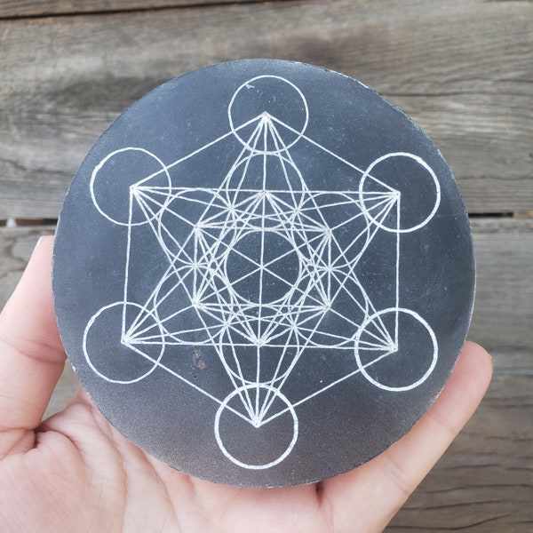 Selenite Round: White Selenite Satin Spar Round Flat Charging Plate Laser Etched Fractal Metatron's Cube Geometric Fractal Pattern Large