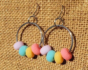 Fruit Loop Earrings: Rainbow Colored Fruit Loop Hoops Bright Pink Orange Blue Purple Pastel Sparkle Beads Hoop Minimalist Silver Plated