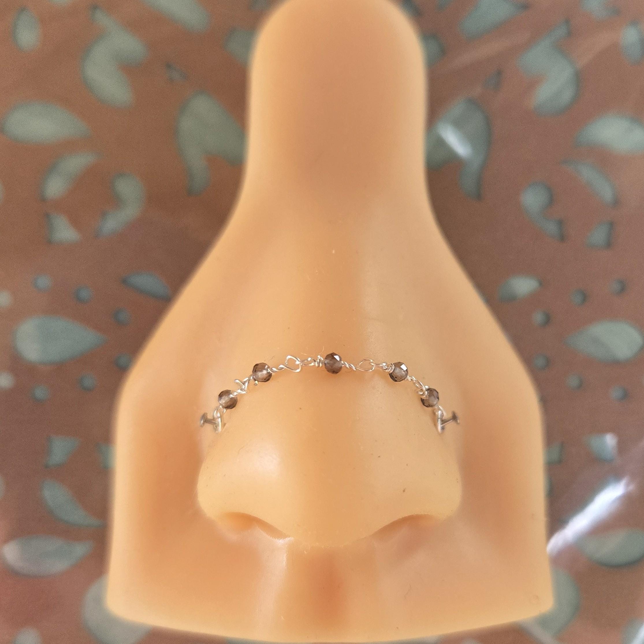 Smoky Quartz Nose Chain: Dark Grey Clear Gemstone Beaded Double