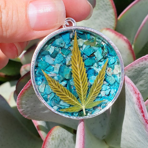 Turquoise Weed Leaf Necklace: Resin Real Cannabis Pot Marijuana