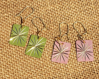 Vintage 1950s Remake Earrings: Dusty Rose Pink or Avocado Green Brass Gold Star Shaped Stamp Rectangle 50s Mod Housewife Art Deco Style