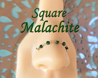 Malachite Nose Chain: Green Swirl Gemstone Double Pierced Nostril Bridge Piercing Custom Hand-Built Sterling Silver 14k Rose White Gold