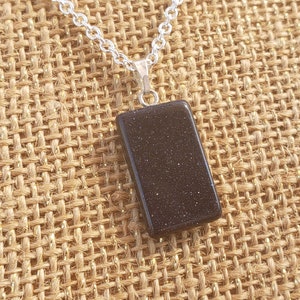 Blue Goldstone Rectangle Necklace: Silver Plated Small Sparkling Blue Stone Pendant Glittering Real Crystal Minimalist Metaphysical Necklace