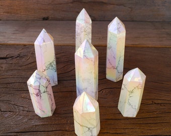 Aura Howlite Towers: You Pick White Grey Stone Obelisk with Rainbow Titanium Aura Sheen Large Medium Small Hand Carved