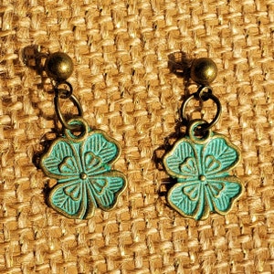Shamrock Stud Earrings: Four Leaf Clover Post Ear Studs Green Enamel Nickel Free Bronzed Antiqued Gold Color Metal Finish