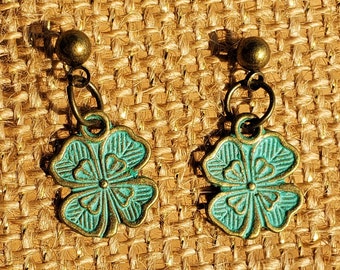 Shamrock Stud Earrings: Four Leaf Clover Post Ear Studs Green Enamel Nickel Free Bronzed Antiqued Gold Color Metal Finish