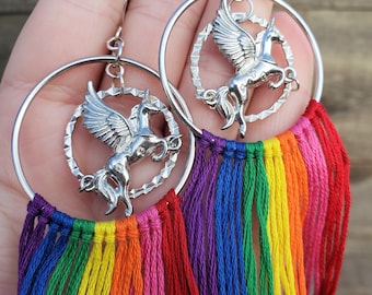 Rainbow Unicorn Chandelier Dangle Earrings: Silver Plated Unicorn Charm in Hoops with Threaded Dangle Rainbow or Pastel Dangle Long Earrings