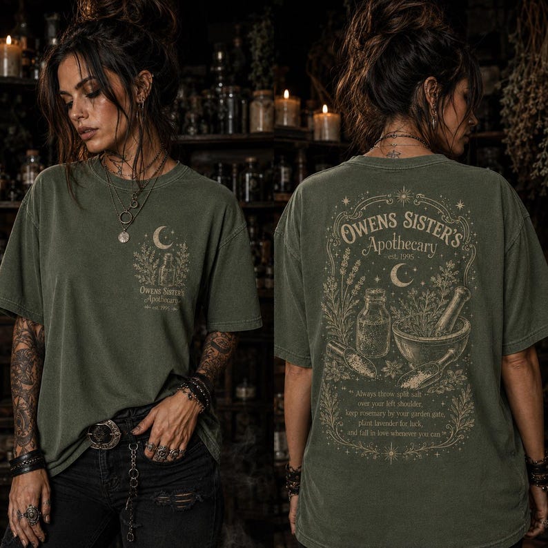 Häxig apotekare-skjorta, vintage Halloween-t-shirt, läskig säsong-grafik fram och bak, Cottagecore-topp bild 2