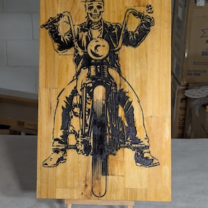 Scary Biker line drawing on Pine wood, sprayed with black paint, protective Danish oil coat, biker décor, perfect motorcycle fan gift