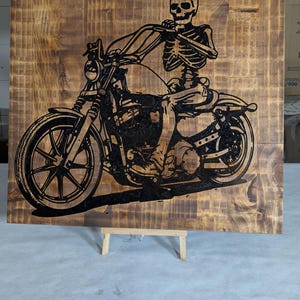 Outlaw biker wall hanging sign, pine epoxy black inlay, linseed oil & beeswax finish, ideal rustic wall art for motorcycle enthusiasts gift