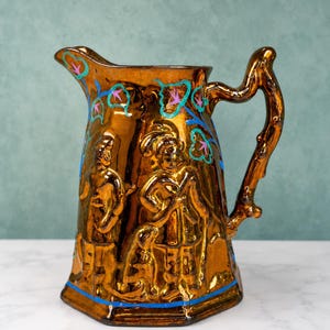 Antique Staffordshire England Copper Luster "Woman & Dog" Relief Pitcher