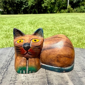 Vintage Hand Carved Wooden Cat Figurine