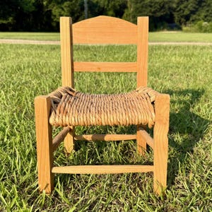 Vintage Handcrafted Wooden Doll Chair with Woven Seat