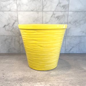 May include: A bright yellow ceramic planter with a textured, horizontal ridged design. The cylindrical pot has a slightly flared top and is suitable for indoor or outdoor use. The planter is approximately 7 inches tall.