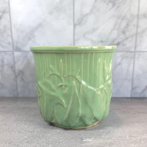 Peut inclure: Un pot de fleur en céramique vert clair avec un motif détaillé de feuilles et de vignes. Le pot a une forme large, légèrement évasée et une finition lisse et brillante. Les feuilles sont en relief et texturées, ajoutant de la profondeur au design. Convient pour l'intérieur ou l'extérieur.