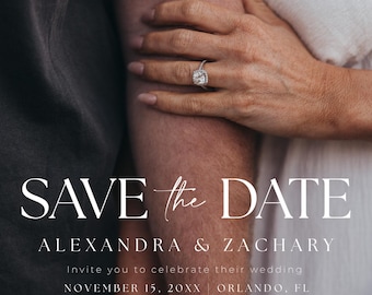May include: A save-the-date wedding announcement. The image shows a hand with a diamond ring resting on an arm. The text reads "SAVE the DATE" followed by names and wedding details.