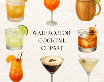 May include: Watercolor illustration of various cocktails, including an orange drink with a slice of orange, a margarita with a lime wedge, and a Moscow Mule in a copper mug. The text "WATERCOLOR COCKTAIL CLIPART" is also present.