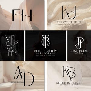 May include: A selection of minimalist logos featuring elegant typography. The designs include initials and full names, such as "FH", "KJ", "AD", and "KS". The logos are set against neutral backgrounds, ideal for branding and visual identity.