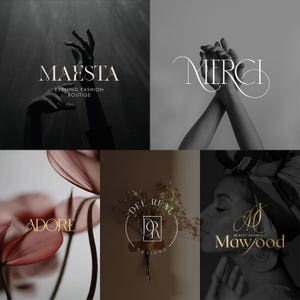 Peut inclure: Un collage de cinq logos distincts présentant une typographie et une imagerie élégantes. Les logos incluent le texte MAESTA EVENING FASHION BOUTIQE, MERCI, ADORE, DEE REAL DESIGNS avec un monogramme, et MAWOOD BEAUTY SALON LLC avec un monogramme doré.