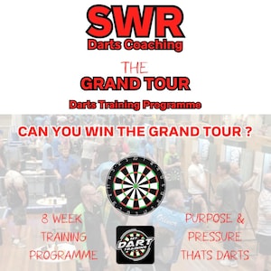 Könnte beinhalten: Werbebild für ein Dart-Trainingsprogramm. Der Text oben lautet "SWR Darts Coaching" und "THE GRAND TOUR". Das Bild enthält eine Dartscheibe und den Text "CAN YOU WIN THE GRAND TOUR?" und "8 WEEK TRAINING PROGRAMME".